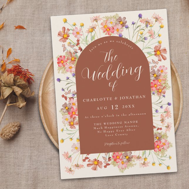Invitation Boho Fall Fleur sauvage Terracotta Mariage (Boho fall Wildflower elegant floral arch Wedding invitation script terracotta burnt orange beige )