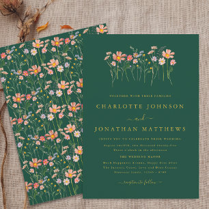 Invitation Boho Fall Fleur sauvage Vert foncé et Mariage or
