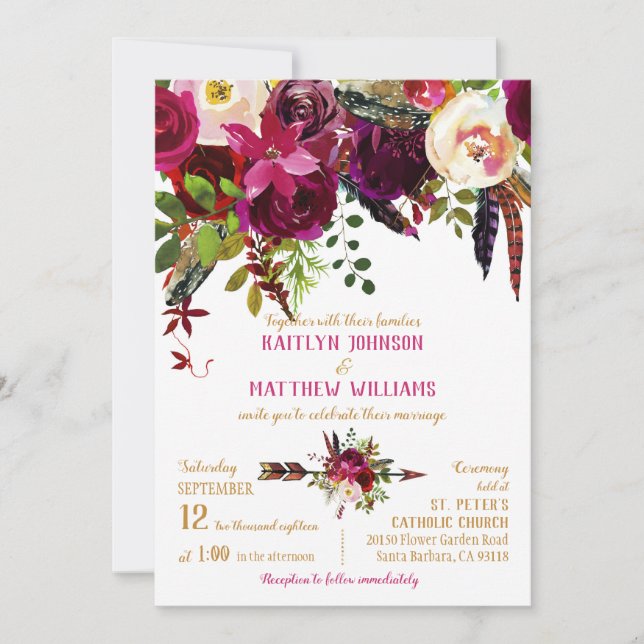 Invitation Boho Fall Floral Arrow Bouquet Mariage (Devant)