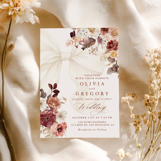 Invitation Boho Fall Floral Blanc Bow Mariage (Créateur téléchargé)