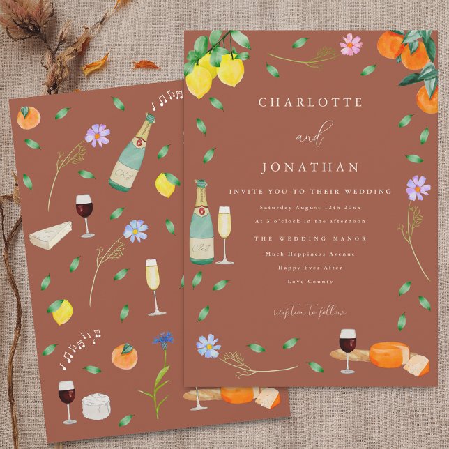 Invitation Boho Fall Floral Citrus Terracotta Beige Wedding (Boho fall rustic citrus terracotta beige wedding invitation Wine and cheese lemons oranges music )