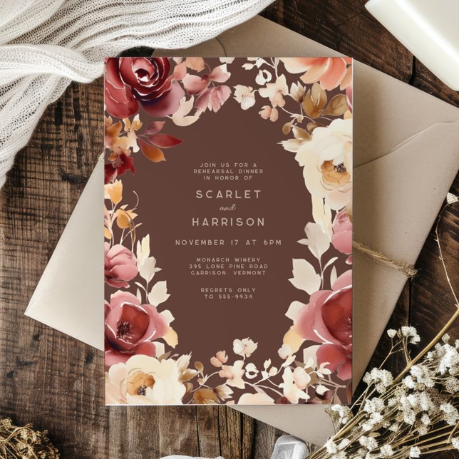 Invitation Boho Fall Floral Crème Bourgogne Dîner de répétiti (Créateur téléchargé)