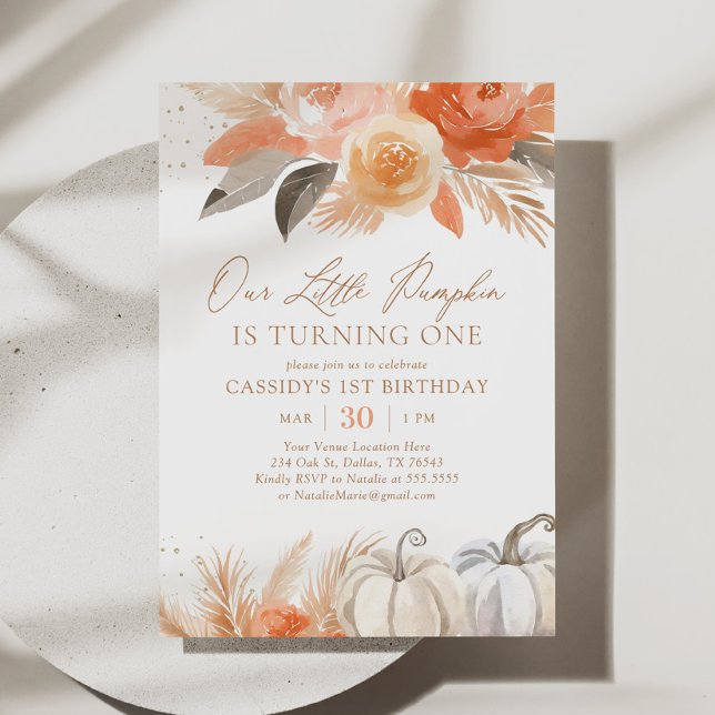 Invitation Boho Fall Pampas Grass Citrouille 1er anniversaire (Créateur téléchargé)