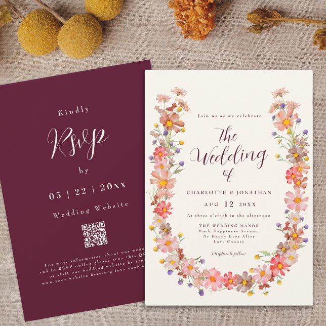 Invitation Boho Fall Rustique Floral QR Code Mariage (Boho fall wildflower wedding qr code invitation burgundy and ivory cream Watercolor autumn florals)