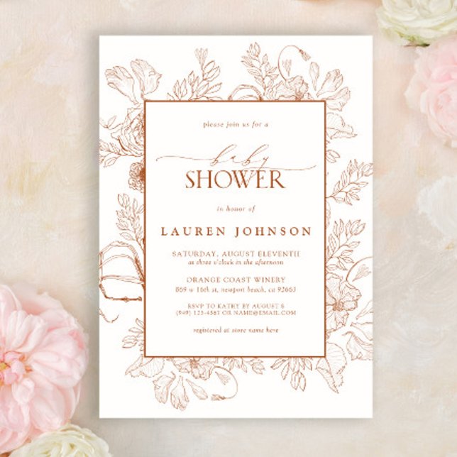 Invitation Boho Fall Terracotta Floral Line Baby shower d'art (Créateur téléchargé)