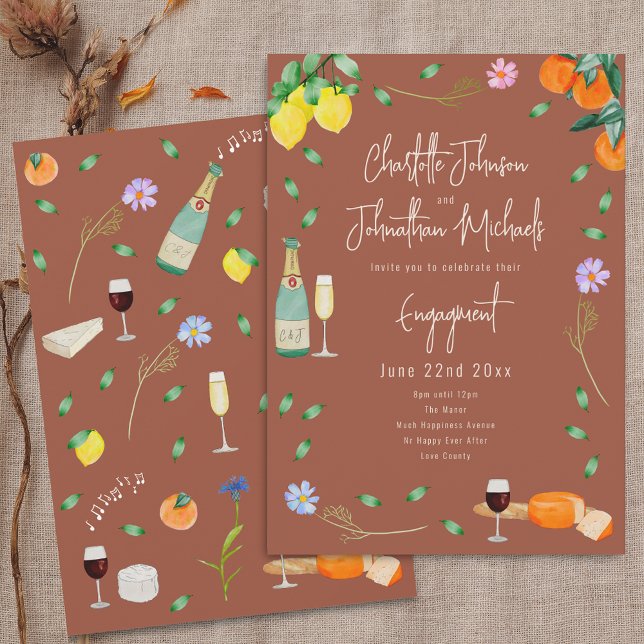 Invitation Boho Fall Wine and Cheese Engagement Party (Boho chic fall wine and cheese wedding engagement party terracotta invitation Oranges lemons floral )