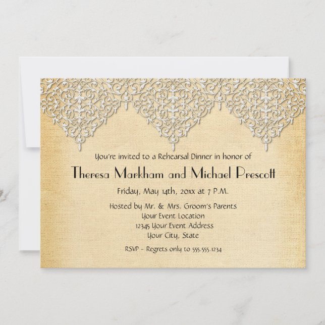 Invitation BOHO Faux Burlap n dentelle gitane moderne style m (Devant)