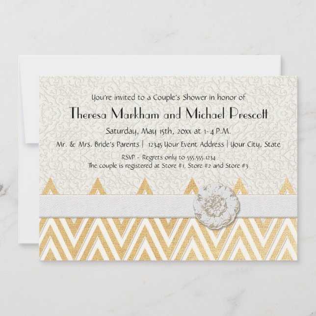 Invitation BOHO Faux Burlap n Lace cHEVRON style moderne mod (Devant)
