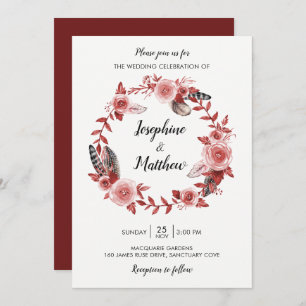 Invitation Boho Feather Bourgogne Rose Mariage de couronne