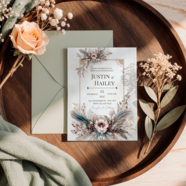 Invitation Boho Feather Floral Pink Gold Frame Wedding (Créateur téléchargé)