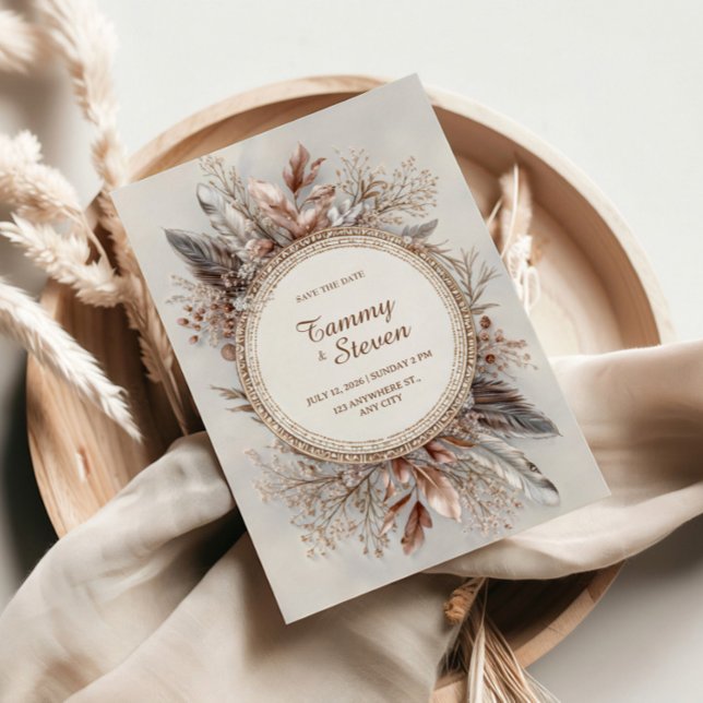 Invitation Boho Feather Wreath Earth Tone Gold Frame Wedding (Créateur téléchargé)