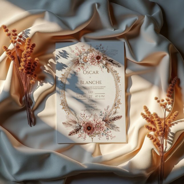 Invitation Boho Feather Wreath Pink Floral Gold Wedding (Créateur téléchargé)