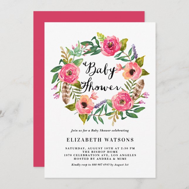 Invitation Boho Feathers Baby shower rose Floral Wreath (Devant / Derrière)