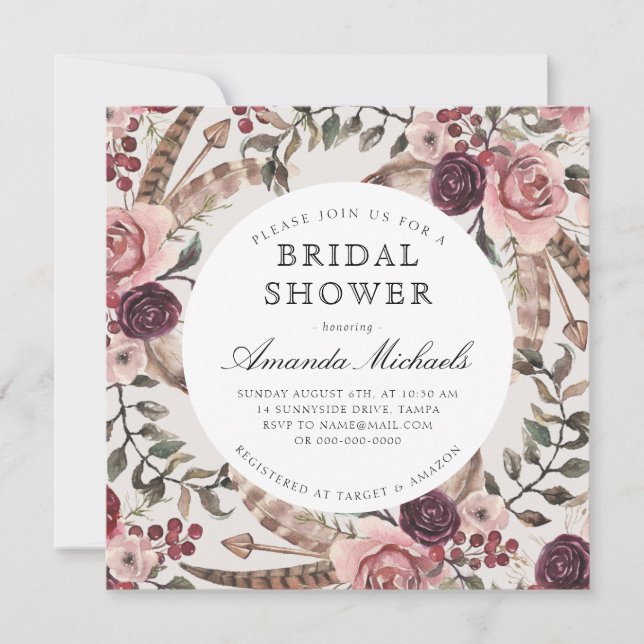 Invitation Boho Feathers Bourgogne Beige Floral Fête des mari (Devant)