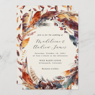 Invitation Boho Feathers Fall Wreath Calligraphy Mariage
