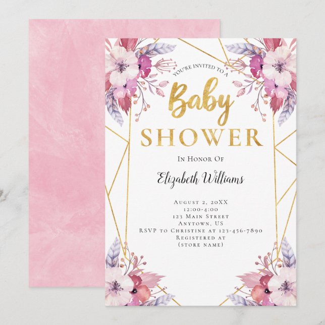 Invitation Boho Feathers Fleurs Baby shower de cadre géométri (Devant / Derrière)