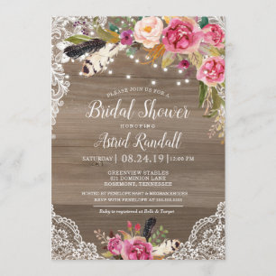 Invitation Boho Feathers & Lace Rustic Bridal ou Baby shower