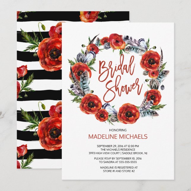 Invitation Boho Feathers Poppy Floral Fall Fête des mariées (Devant / Derrière)
