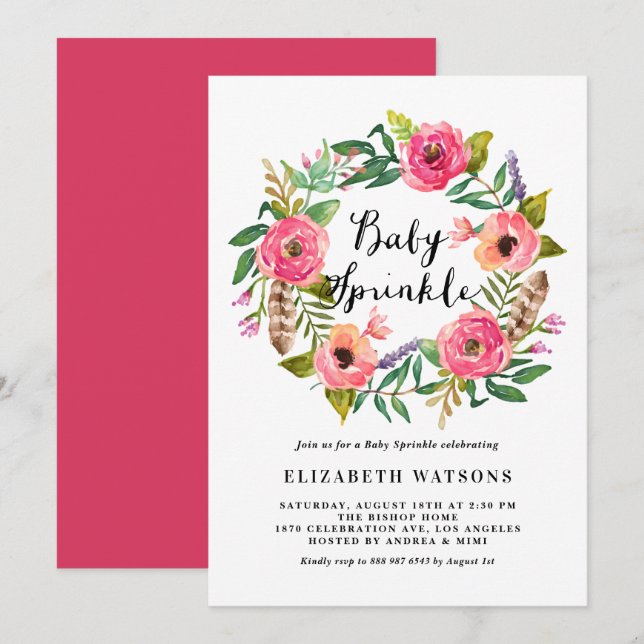 Invitation Boho Feathers rose Floral Wreath Baby Sprinkle (Devant / Derrière)