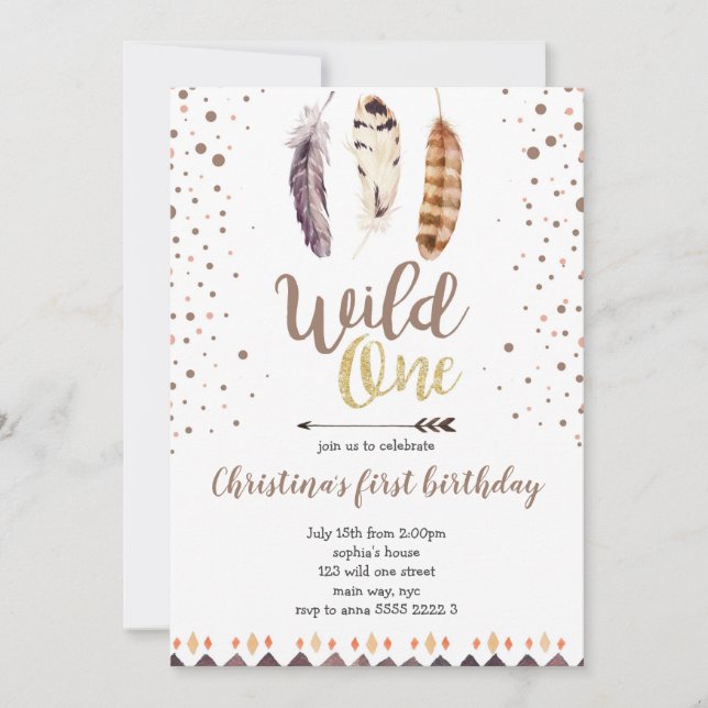 Invitation Boho Feathers Wild One Gold Girl Premier anniversa (Devant)