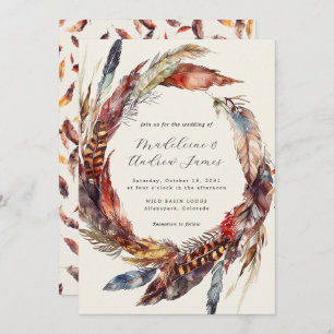Invitation Boho Feathers Wreath Calligraphy Mariage de automn