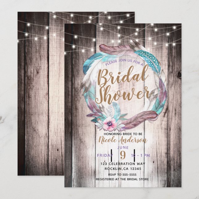 Invitation Boho Feathers Wreath & String Lights Fête des mari (Devant / Derrière)