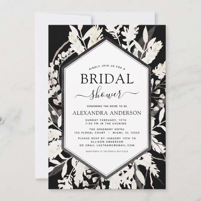 Invitation Boho Fête des mariées botanique noir beige (Devant)