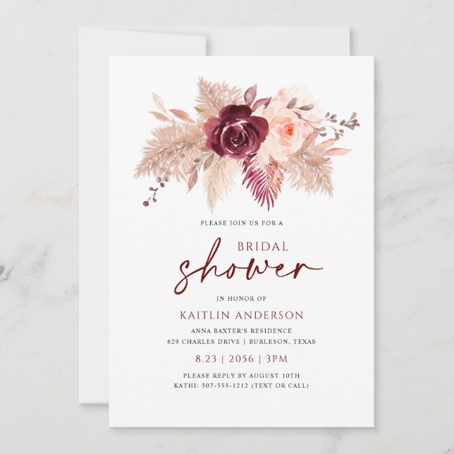 Invitation Boho Fête des mariées Bourgogne Rose Gold Pampas (Devant)
