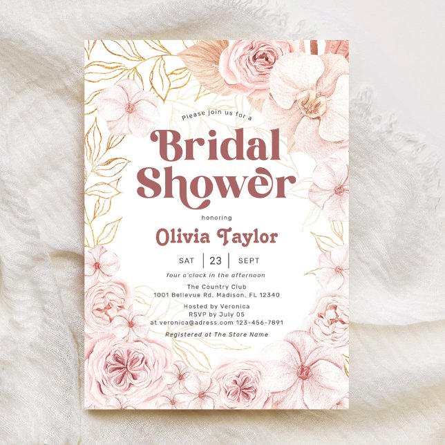 Invitation Boho Fête des mariées rose pâle Floral (Créateur téléchargé)