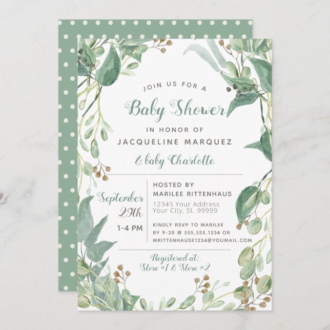 Invitation BOHO Feuillage Feuillage Eucalyptus Baby shower de (Devant / Derrière)