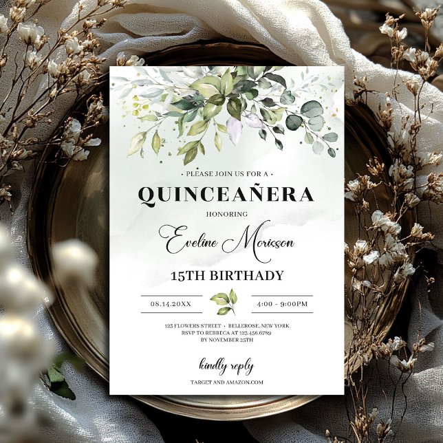 Invitation Boho feuillage verdoyant quinceanera 15e anniversa (Boho greenery foliage quinceanera 15th birthday invitation)