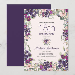 Invitation Boho feuilles vert sauge violet floral rose 18ème