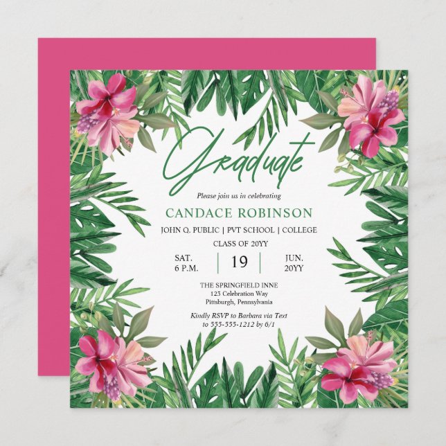 Invitation Boho Feuilles Vertes | Fête de Remise de Diplômes  (Devant / Derrière)