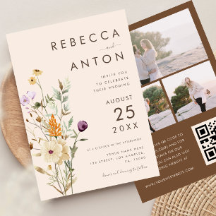 Invitation Boho Fleur sauvage 3 Photo Collage QR Code Mariage