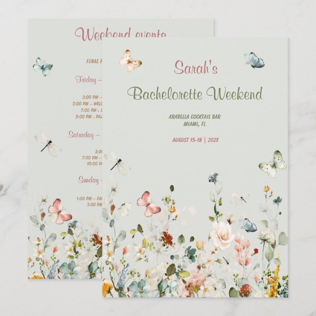 Invitation Boho Fleur sauvage Bachelorette Itinéraire Modèle (Devant / Derrière)