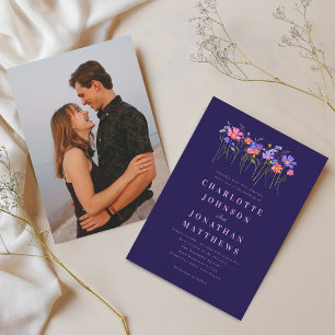 Invitation Boho Fleur Sauvage Bleu Nuit Rose Photo Mariage