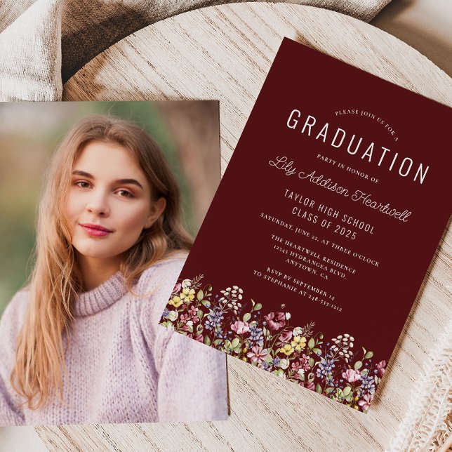 Invitation Boho Fleur sauvage Bourgogne - Diplôme photo (Créateur téléchargé)