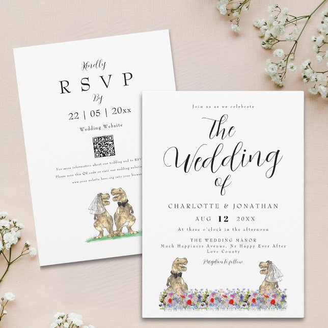 Invitation Boho Fleur sauvage Dinosaur Mariage QR Code (Boho wildflower dinosaur wedding invitation with elegant script watercolor florals and qr code)