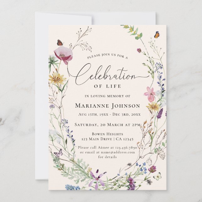 Invitation Boho Fleur sauvage Floral Célébration de la vie (Devant)
