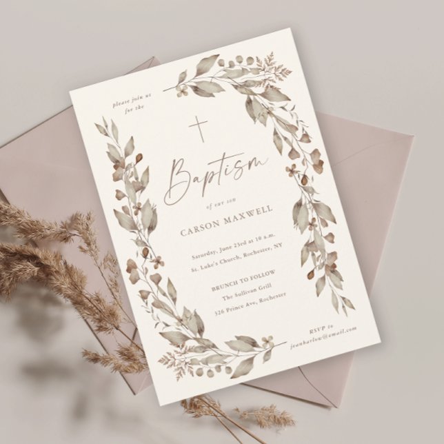 Invitation Boho Fleur sauvage Floral Genre Baptême neutre (Boho wildflower elegant ivory gender neutral baptism christening invitation.)
