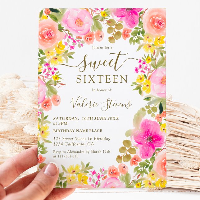 Invitation Boho fleur sauvage jardin aquarelle Sweet 16 (Boho wild flowers garden watercolor Sweet 16 Invitation)