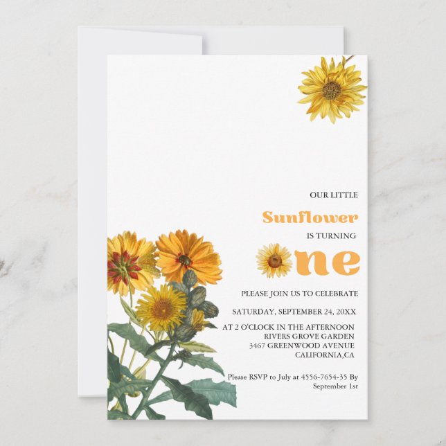 Invitation Boho Fleur sauvage jaune tournesol fête d'annivers (Devant)