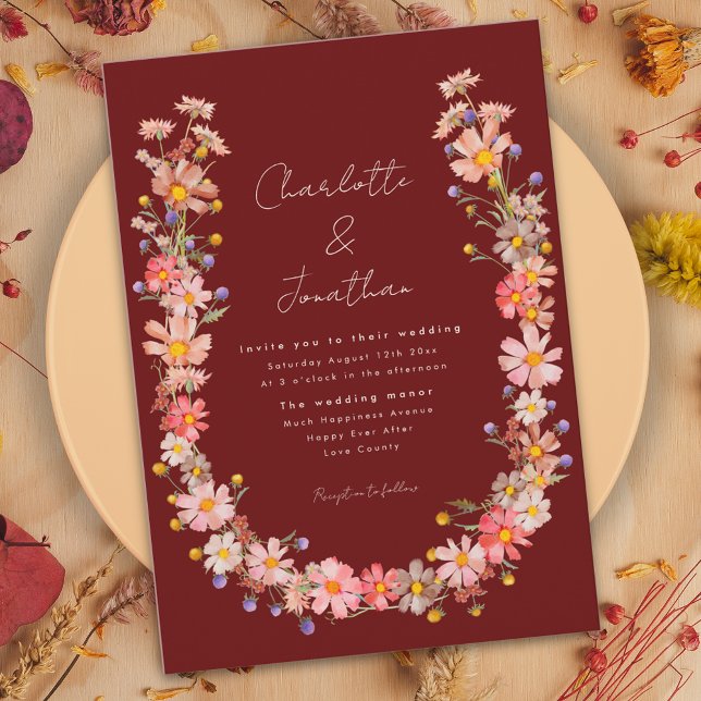 Invitation Boho Fleur sauvage Mariage de automne en terre cui (Boho wildflower fall wedding invitation terracotta burnt orange peach beige purple pink dried flower)