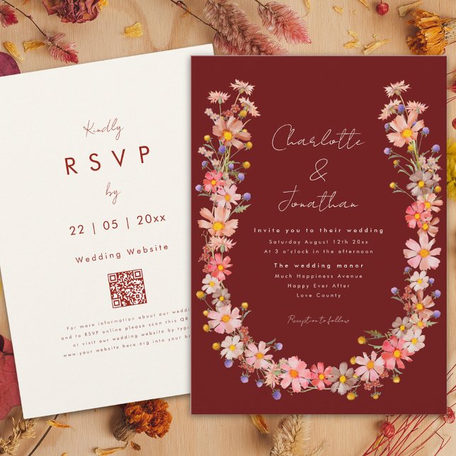 Invitation Boho Fleur sauvage Mariage de automne en terre cui (Wildflower Dried flower wreath terracotta fall wedding invitation )