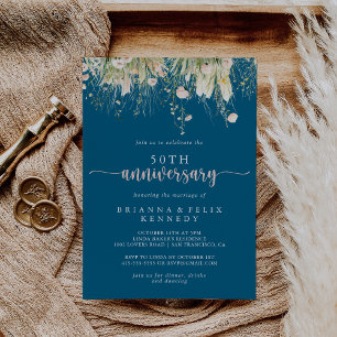 Invitation Boho Fleur sauvage Navy 50e anniversaire de Mariag