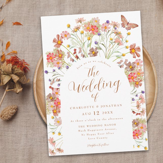 Invitation Boho Fleur sauvage papillon  Mariage floral (Boho fall wildflower butterfly burnt Orange terracotta script wedding invitation watercolor florals)