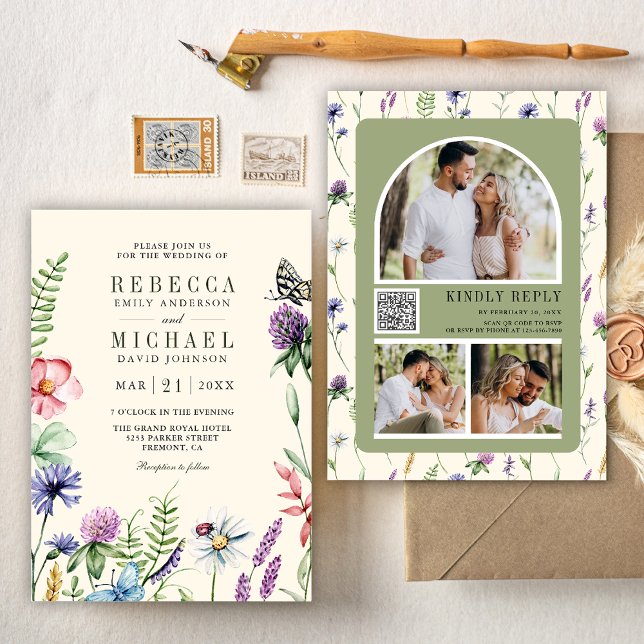 Invitation Boho Fleur sauvage Photo QR Code Cream Mariage (Créateur téléchargé)