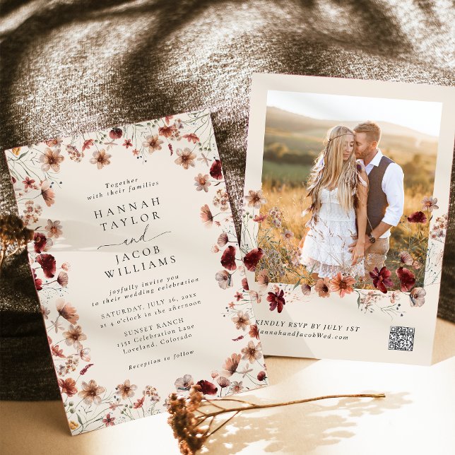 Invitation Boho Fleur sauvage photo QR Code RSVP Mariage (Créateur téléchargé)