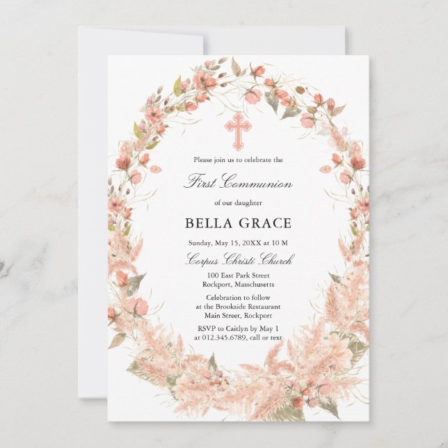 Invitation Boho Fleur sauvage Première Communion Sainte Invit (Devant)