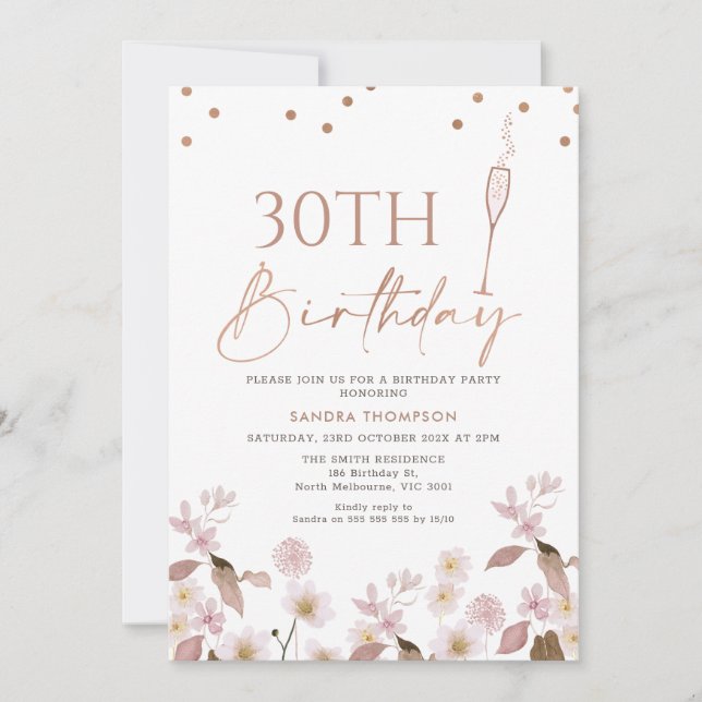Invitation Boho Fleur sauvage Rose Or n'importe quel âge Anni (Devant)